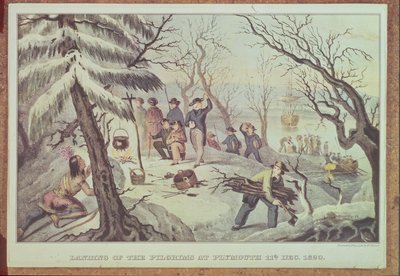 De landing van de pelgrims in Plymouth, 11 december 1620, gegraveerd door Nathaniel Currier door American School